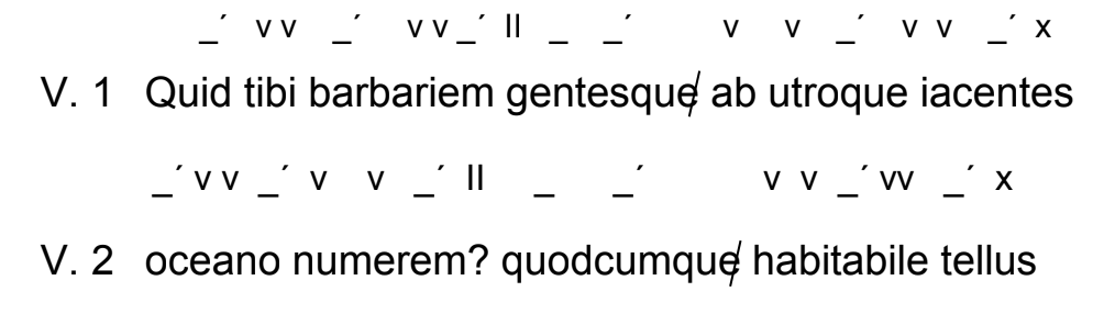 Lateinischer Text mit Versnummern (V.1, V.2) und metrischen Betonungszeichen